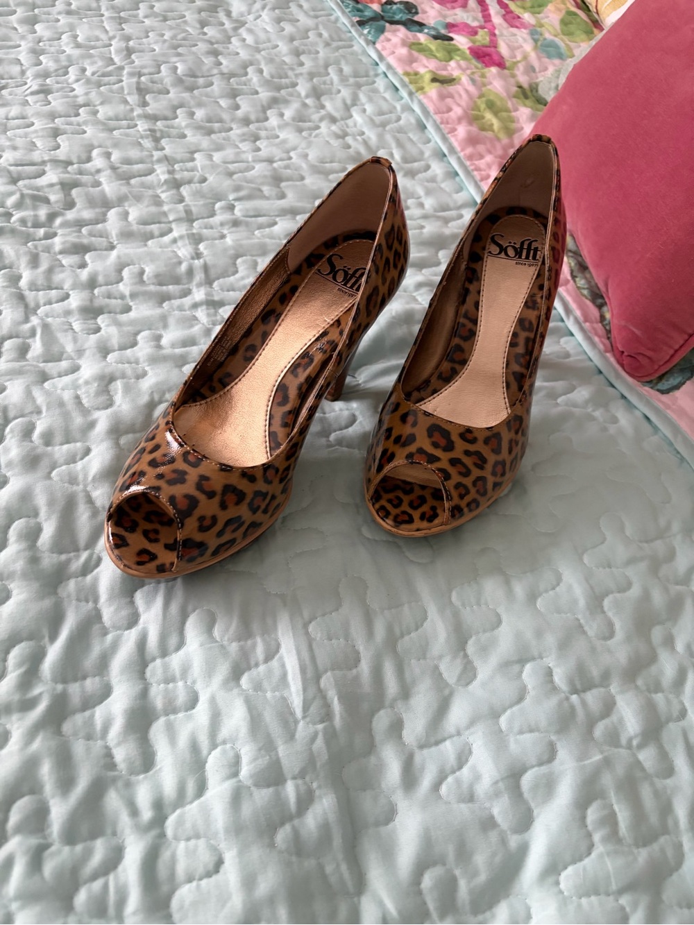 Sofft Leopard Print Patent Peep-Toe Pumps - Brown/Black platform heels